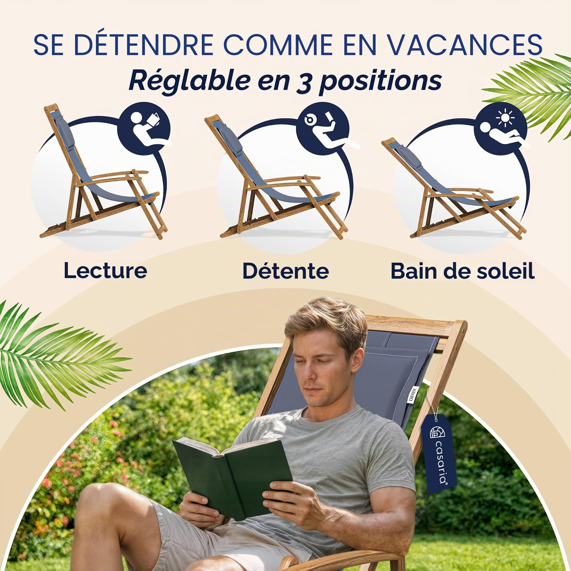 Casaria® Chaise Longue Pliante en Bois Anthracite Chaise de Plage 3 Positions Chilienne transat Jardin Exterieur
