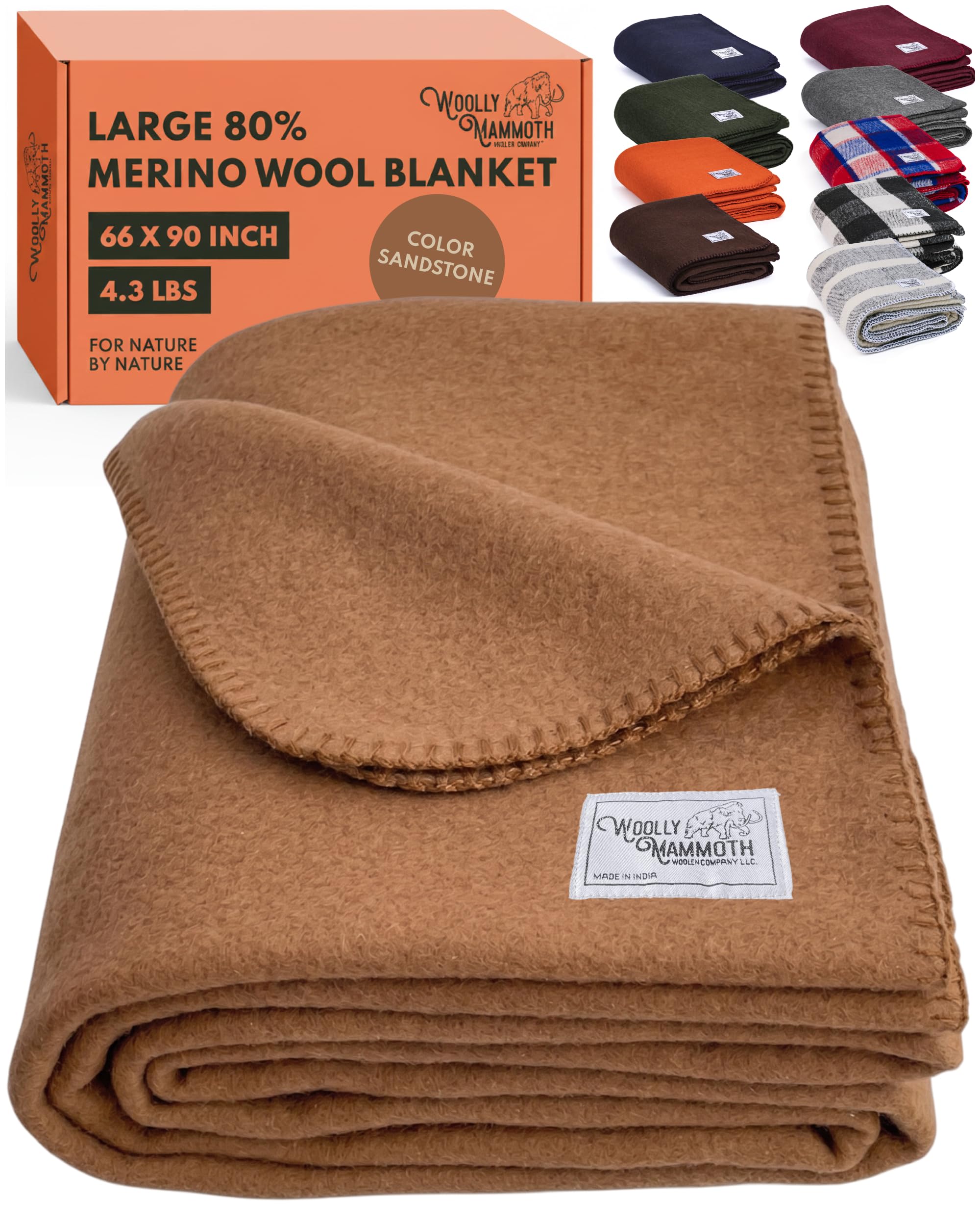 Woolly Mammoth Merino Wool Blanket - Large 66" x 90", 4LBS Camp Blanket | Throw for the Cabin, Cold Weather, Emergency, Dog Camping Gear, Hiking, Survival, Army, Outside, Outdoors โ Tan โ image 1