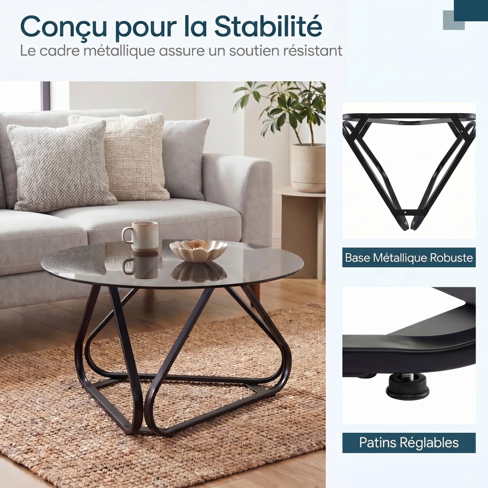 RELAX4LIFE Table Basse Ronde 80 CM en Verre Trempé, Table de Salon Ronde Transparente avec Cadre Métallique, Design Moderne Géométrique, Coussinets de Pied Réglables, pour Maison Appartement (Noir)