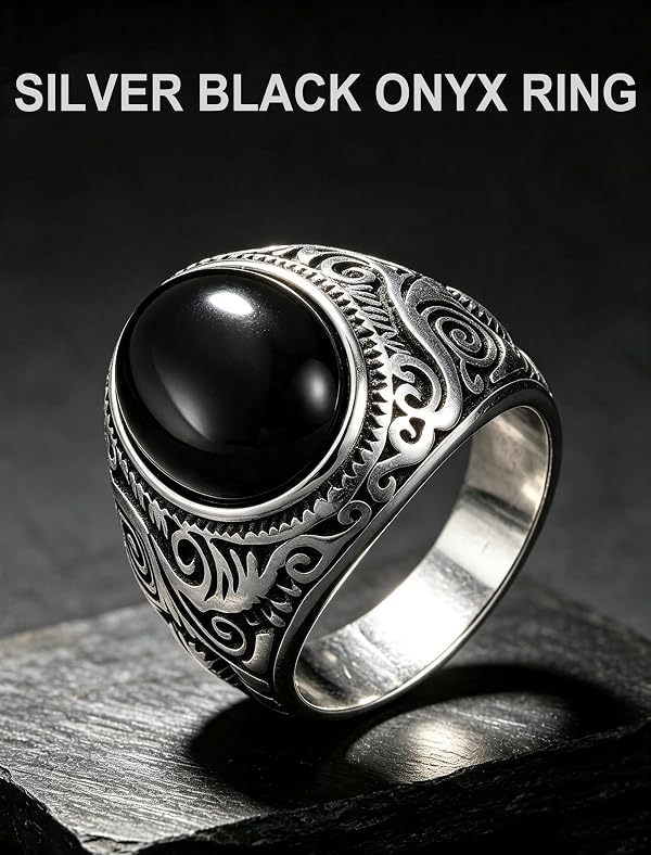 RysTower Black Onyx Ring for Men Stainless Steel Signet Ring Vintage Oval Gemstone Pinky Ring Size 10 by RysTower - Used condition - Image 4
