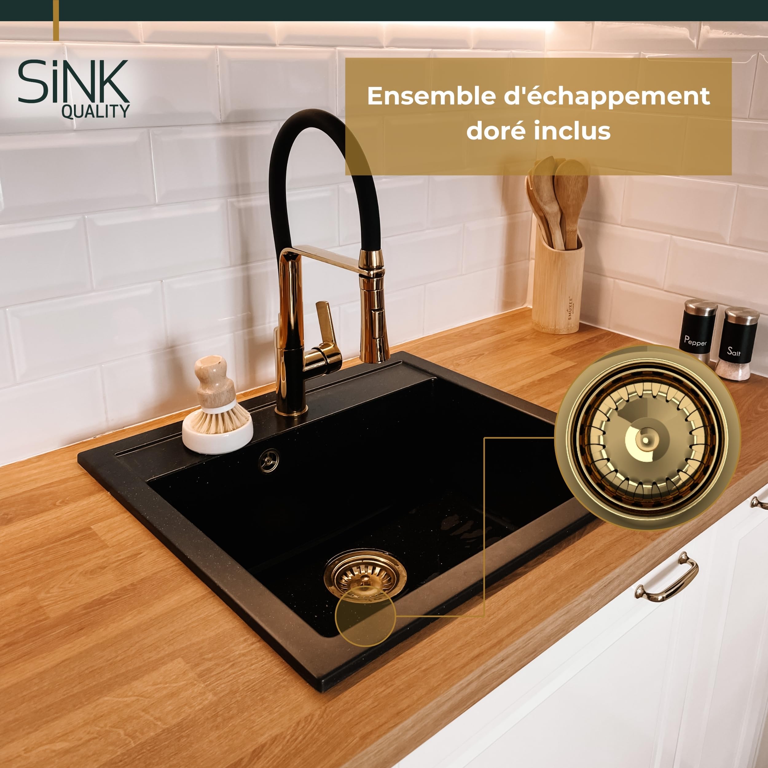 SINK QUALITY Évier en granit noir avec taches dorées 56 x 51 cm – Évier avec siphon doré et agent imperméabilisant – Évier pour armoires inférieures à partir de 60 cm de largeur – Lavabo pour cuisine