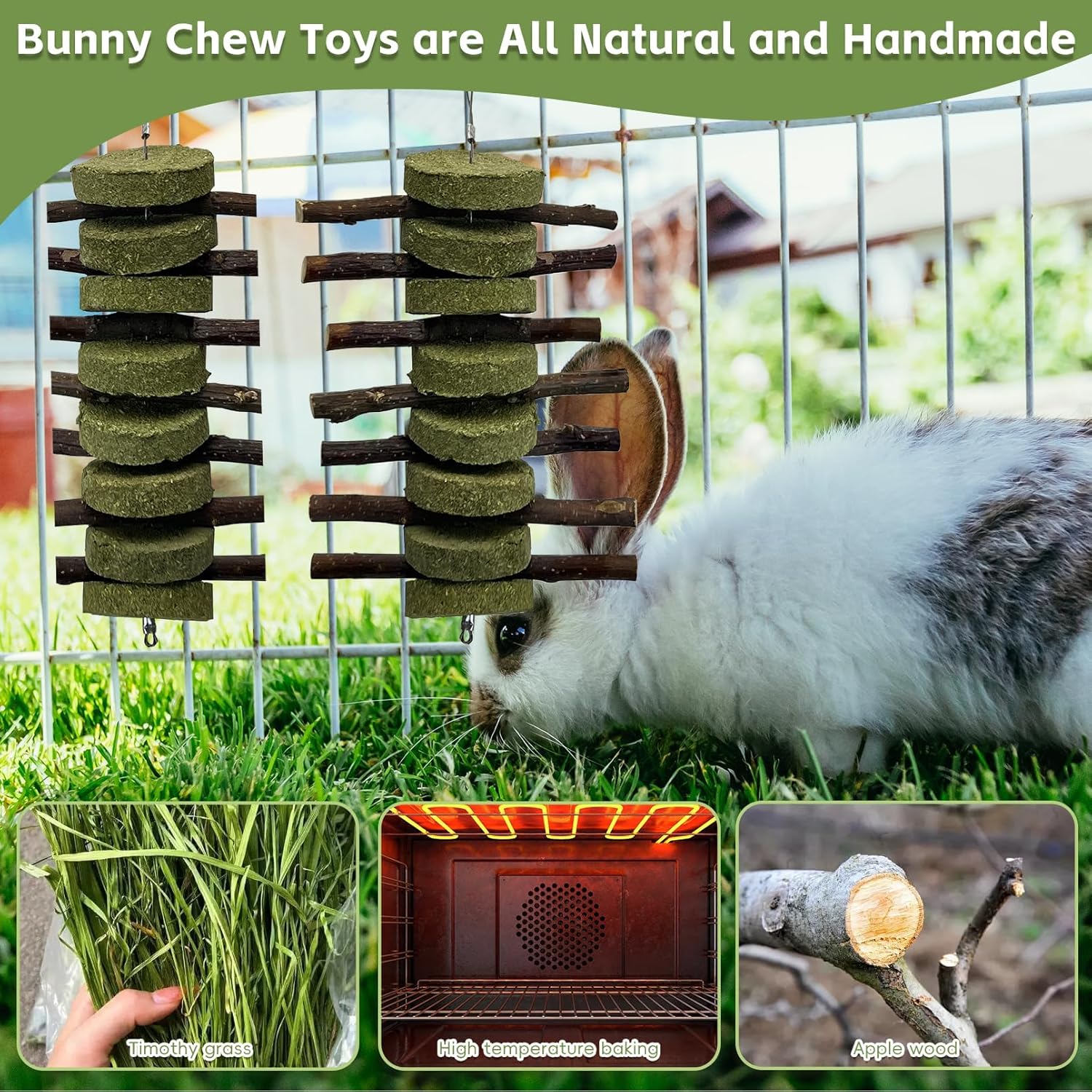 kathson 8PCS Bunny Chew Toys for Teeth Grinding, Chinchilla Treats Organic Bamboo Sticks Natural Fruitwood Branches for Rabbits Guinea Pigs Hamsters (Fruitwood Sticks+Alfalfa Cakes)
