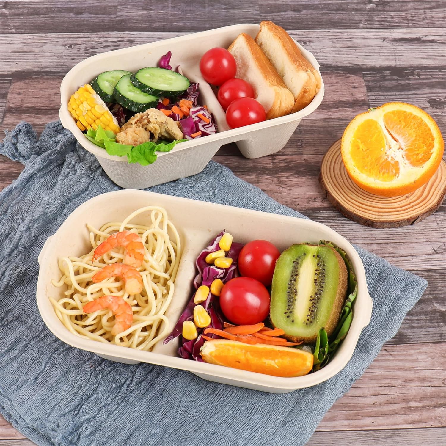 32 oz Disposable bowls with lids, 2 compartments Sugarcane Fiber Food Container, Food Storage, 50 Pack