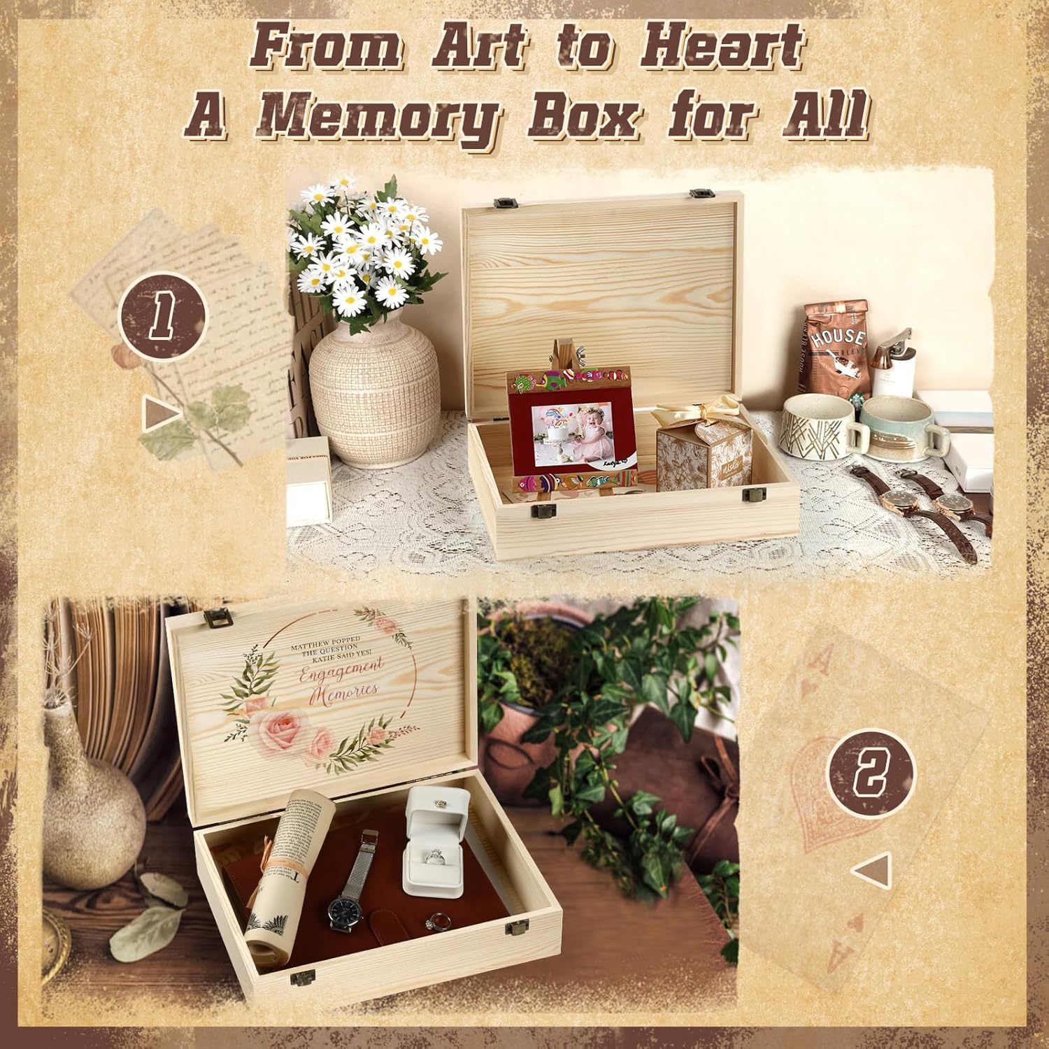 2 Pack Unfinished Wooden Box with Lid – 12"x9"x3.1" Decorative Storage Keepsake Memory Boxes Natural Pine Wooden Boxes for Crafts, DIY, Painting, Wood Burning,Wood Gift Box- Ideal Gift & Home