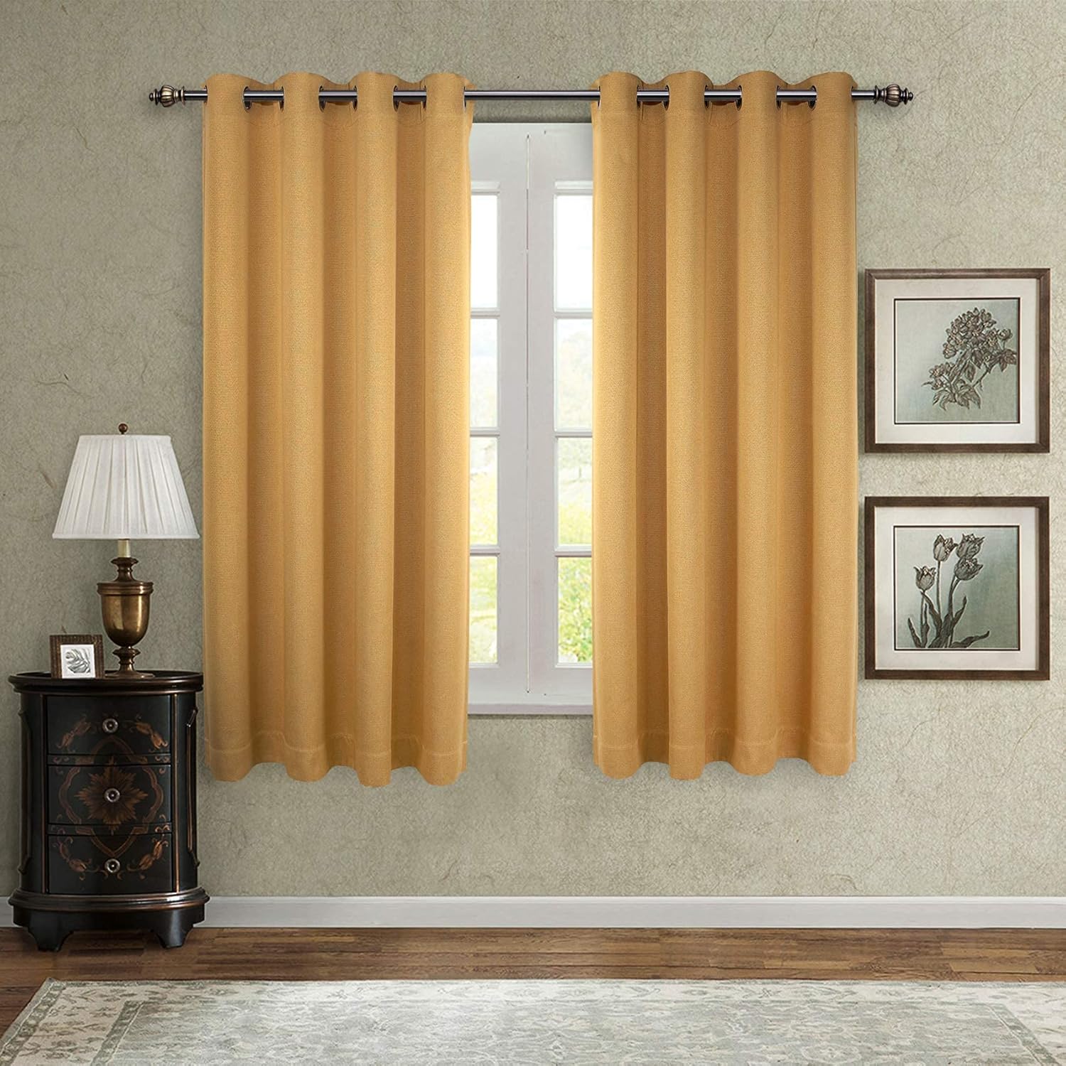SINGINGLORY Blackout Curtain for Bedroom and Living Room, Grommet Linen Textured Darkening Curtains/Drapes Thermal Insulated 2 Panels Set (Yellow, 52x63 Inch)