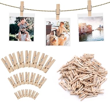 150 Pcs Small Wooden Clothes Pegs Mini Tiny Decorative Photo Pegs 2.5/3/3.5 cm LaundryClips for Hanging Photos, Pictures, Collages, Postcards, Gifts, Craft