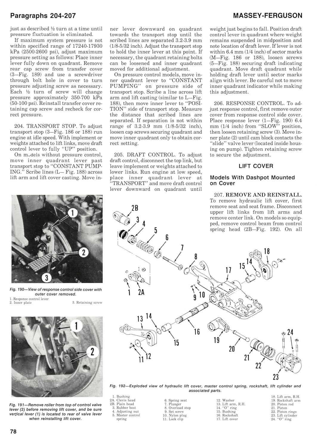 Page 78 of the manual showing diagrams for hydraulic lift cover and associated parts removal