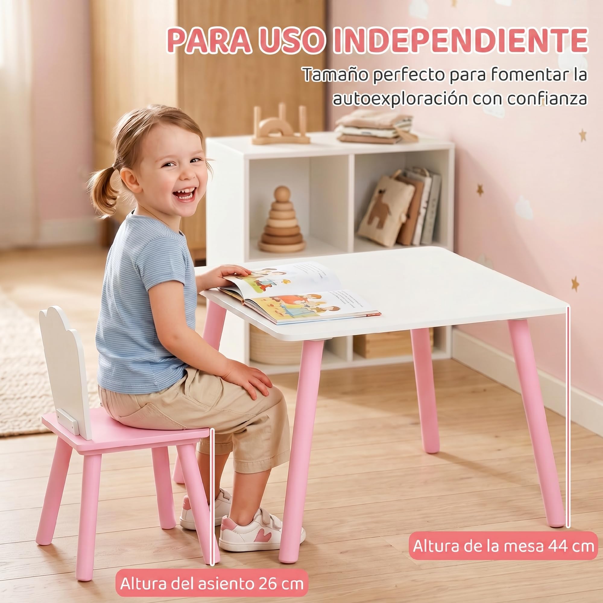 AIYAPLAY Mesa Infantil con 2 Sillas, Patas de Madera, para 3-6 Años, Rosa | Mesa y Sillas Infantil, Tema Algodón de Azúcar, para Niños y Niñas, para Hogar, Guardería, Aulas