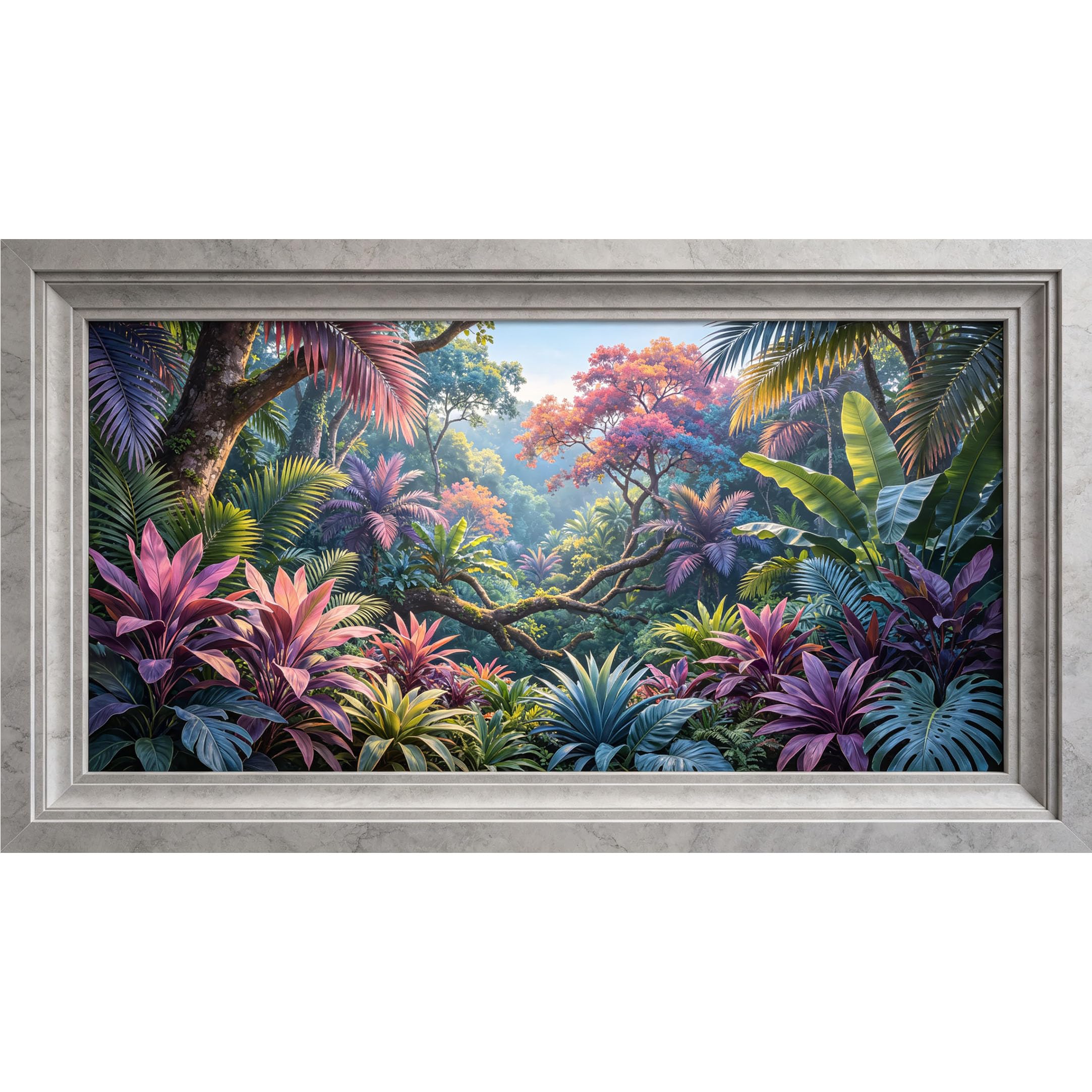 QZLITHOTIC 50x90cm3D Framed Wall Art， Tropical Jungle Botanical Landscape Self‑Adhesive Mural， Water‑Activated Peel & Stick Fabric Decor Wall Decal for Bedroom Living Room