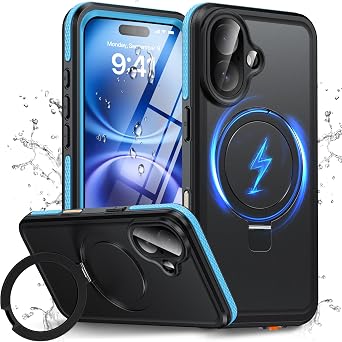 Oterkin Magnetic Waterproof for iPhone 16 Case with [Built-in Screen Protector][Invisible Kickstand][Fit for MagSafe][360o Full Body Sealed] Heavy Duty Rugged IP68 Underwater Case for iPhone 16-Blue