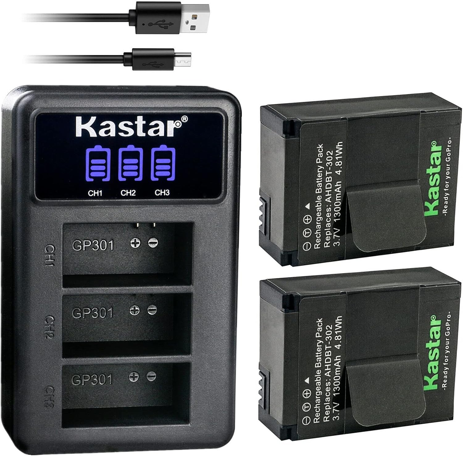 Kastar 4 Pack Battery and LCD Triple USB Charger Compatible with GoPro AHDBT-301, AHDBT-302, GoPro HD HERO3 White Edition/Silver Edition, GoPro HD HERO3 Black Edition, GoPro HD HERO3+ Black Edition