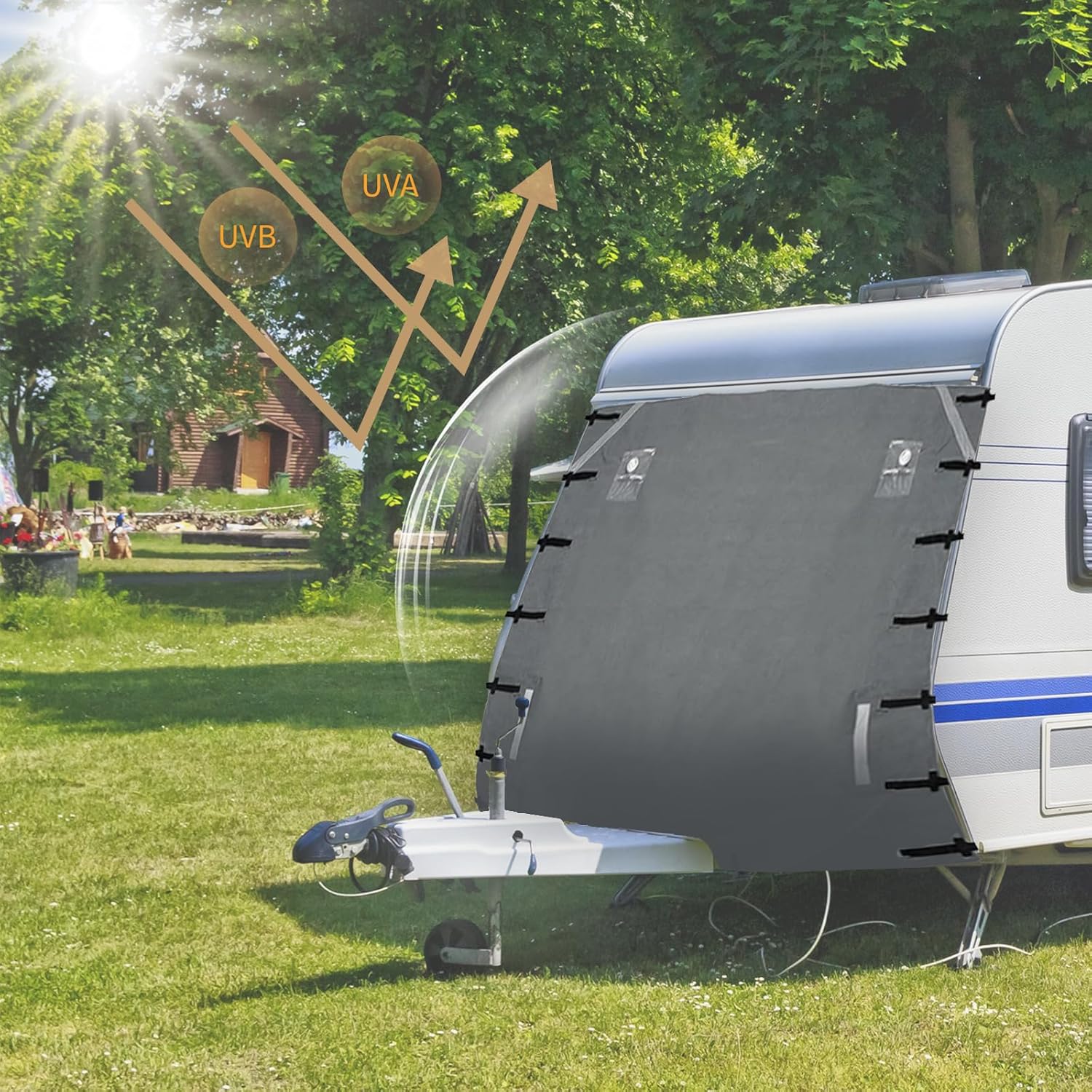 RV Front Towing Cover for Camper, Caravan, Motorhome, Trailer Exterior Protective Case, with 2 LED Lights & Reflective, 87" L x 69" H