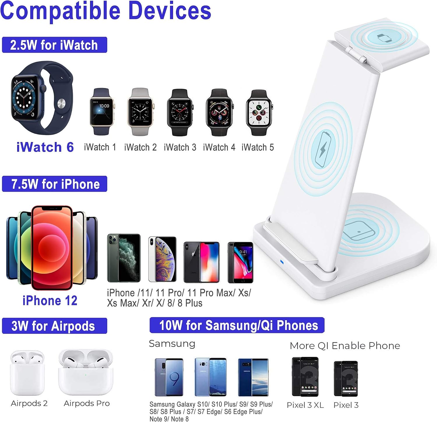 Exсluѕіvе 3 in 1 Wireless Charging Station for Apple Products Apple Charging Station iPhone and Apple Watch Charging Station Compatible for iPhone Series iWatch and Airpods Series with Quick Charge 3.0 Adapter.