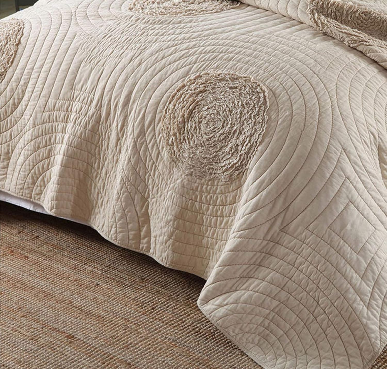 ABREEZE Quilt Sets Queen Size 100% Cotton Beige Bedspread with 3D Floral Pattern Modern Style Quilts and Coverlets with 2 Matching Pillow Shams
