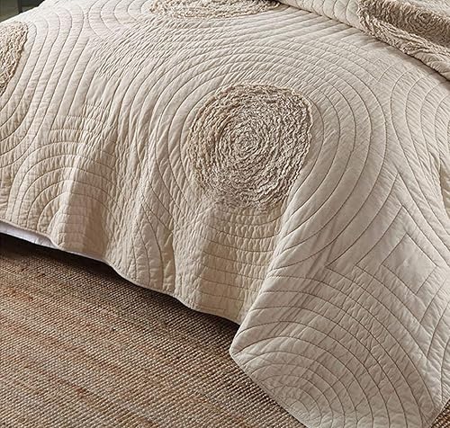 Miniatura 5 de ABREEZE Juego de edredón tamaño Queen, 100% algodón, color beige, con patrón floral 3D, edredones y colchas de estilo moderno con 2 fundas de