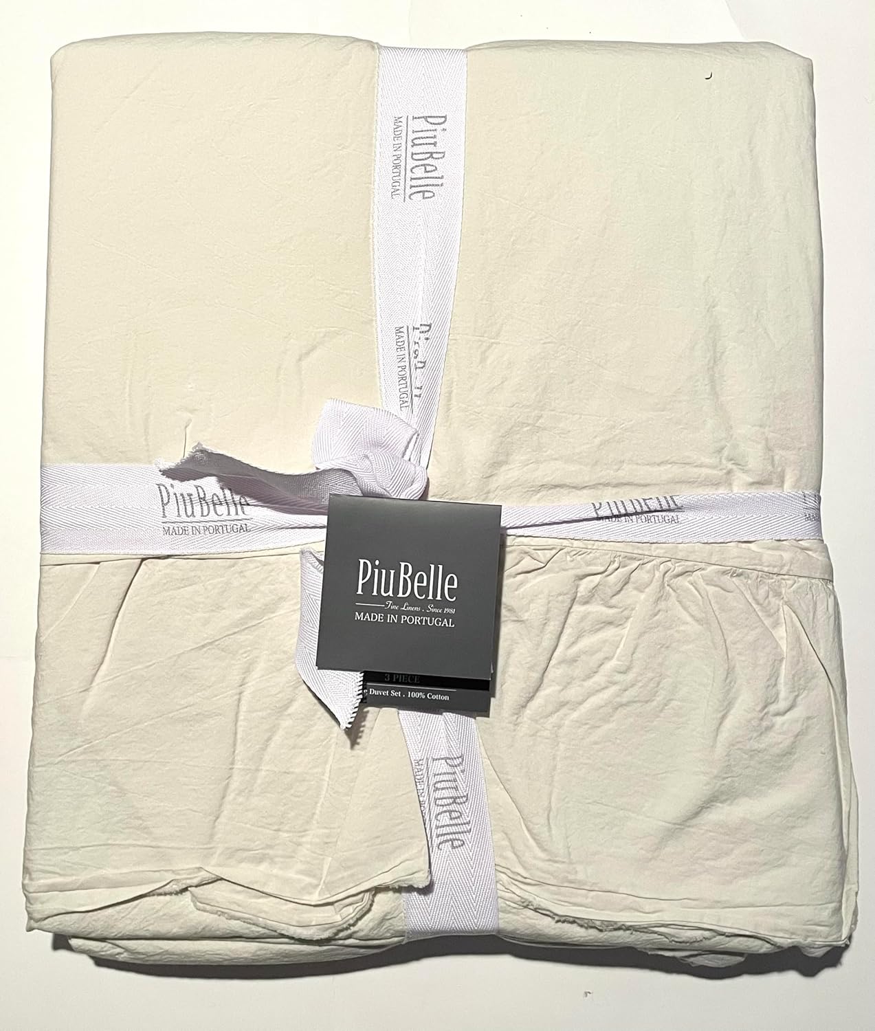 Piubelle Piu Belle Fine Linens 3pc Duvet Cover Set Solid White Metallic Embroidered Hem Stripe 100% Cotton Luxury Made in Portugal (Off White Tania, King (U.S. Standard))