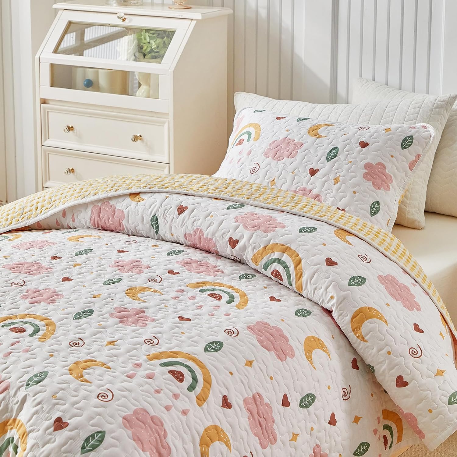 Joyreap Queen Size Quilt Set for Girls, Pink n Yellow Clouds Moon Rainbow Lovely Design, 3 Pieces Soft n Cozy Microfiber Quilt, Bedspread Bed Cover for All Season- 90x90 inches