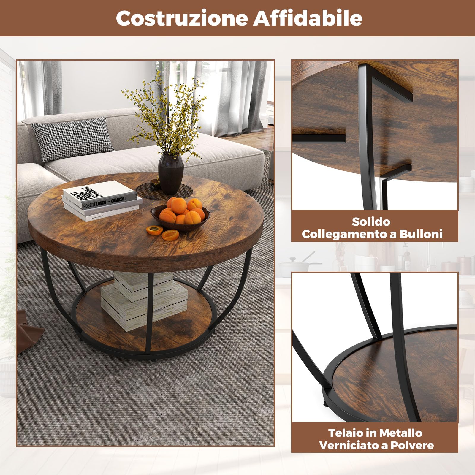 COSTWAY Tavolino da Caffè Rotondo a 2 Ripiani, Tavolo da Salotto in Legno con Struttura in Metallo, Tavolino Soggiorno Industriale con Piedini Regolabili, 80 x 80 x 45 cm (Marrone scuro)