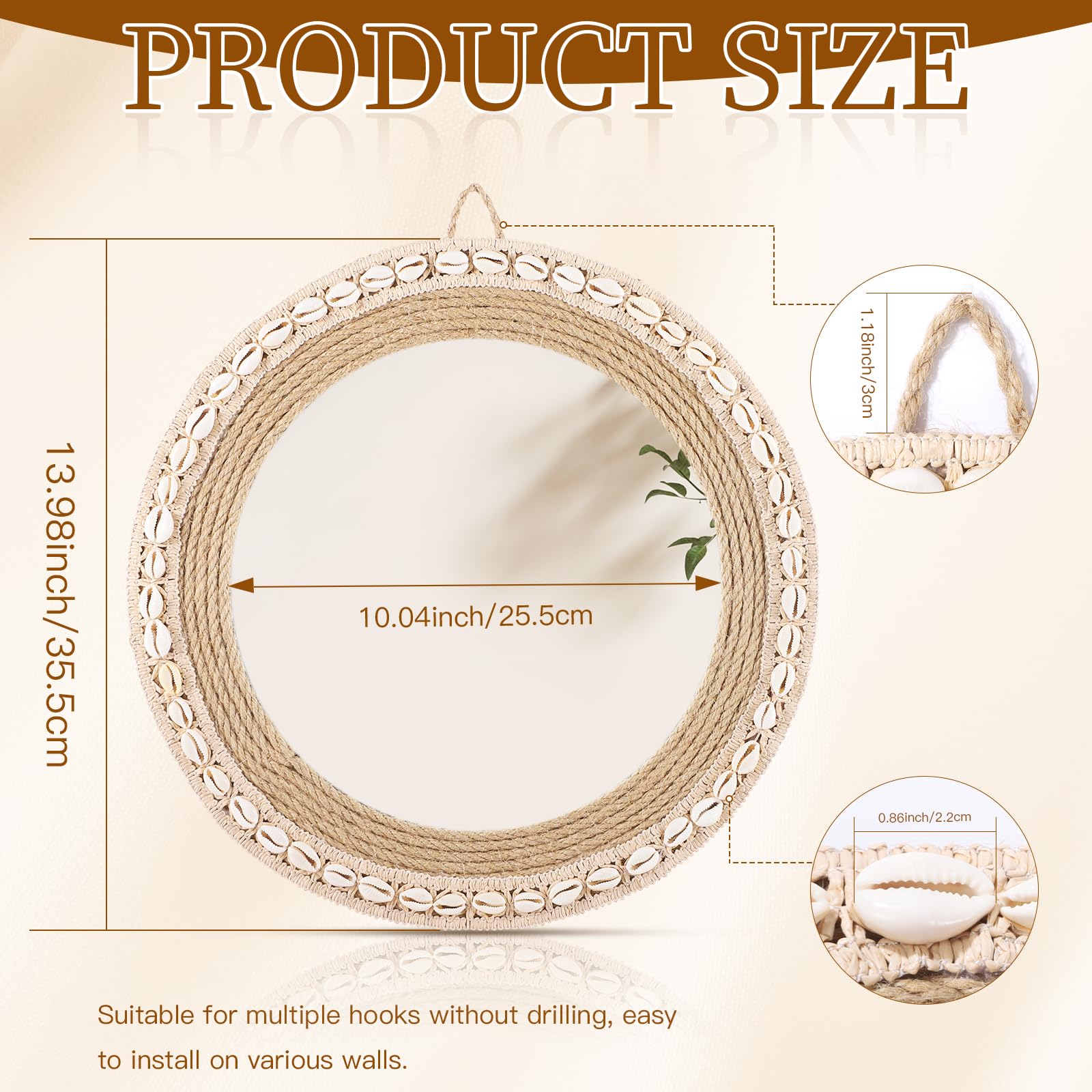 13.98 Inch Boho Mirror, Hemp Rope and Marine Scallop Ribbon Circle Mirrors, Used for Wall Mounted Mirrors for Bathroom, Wall, Entryway, Rustic (Natural)