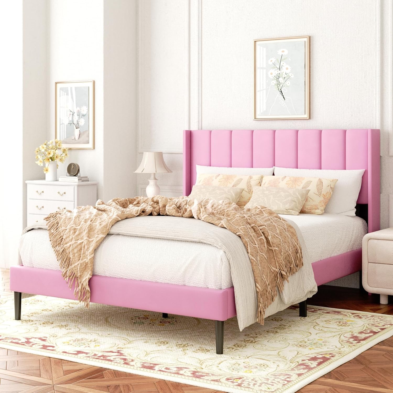 Queen Size Velvet Bed Frame with Vertical Chanel Tufted Headboard and Wingback, Upholstered Platform Bed, Strong Wooden Slats, No Box Spring Needed, Pink Pink Queen