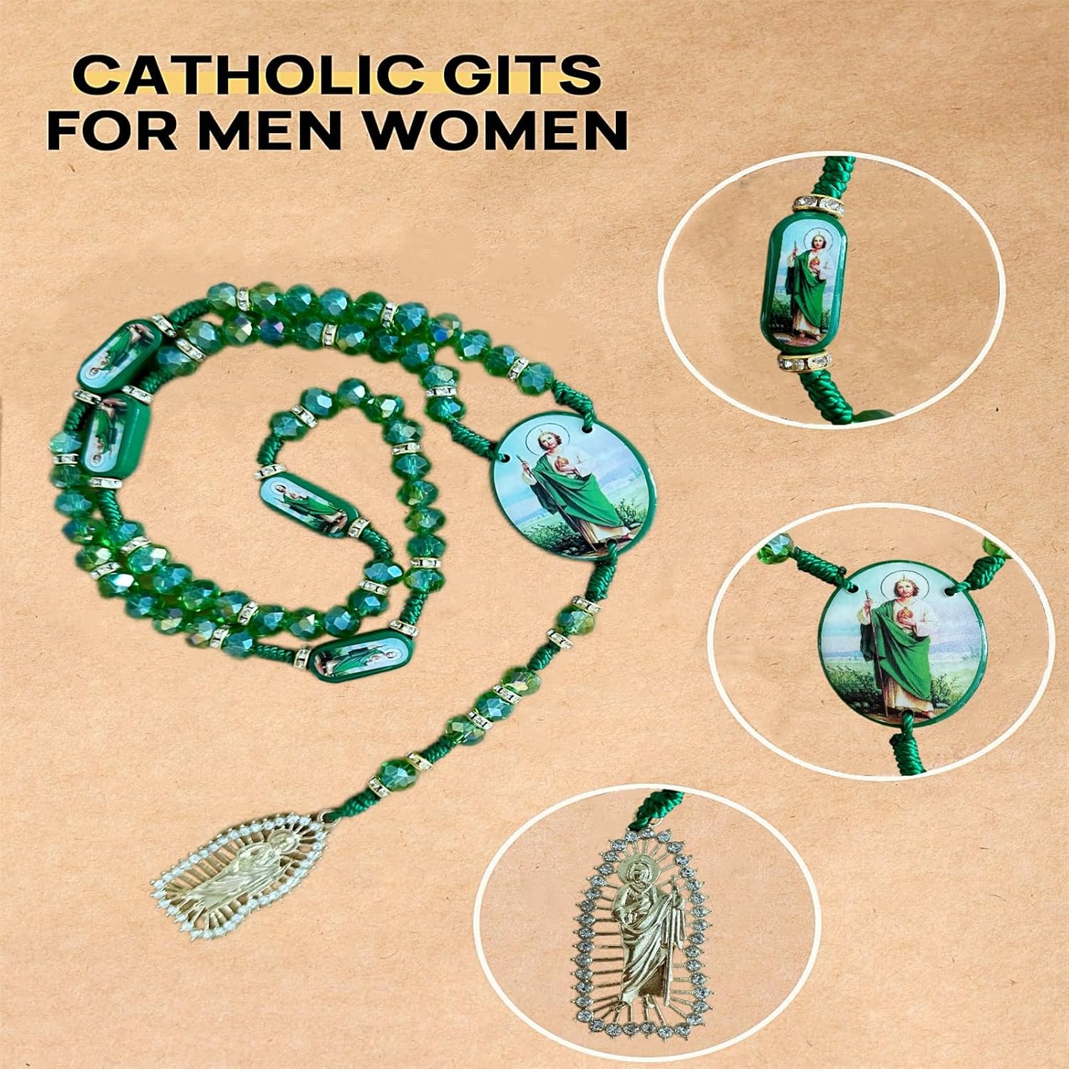 Exquisite Rosary Saint Jude Cross Pendant Mexican Necklace - Braided Cord Green Crystal beads Chain, Charm Accessories for Men and Women, Catholic St Jude Elegant Religious Jewelry Gift Idea - Image 6