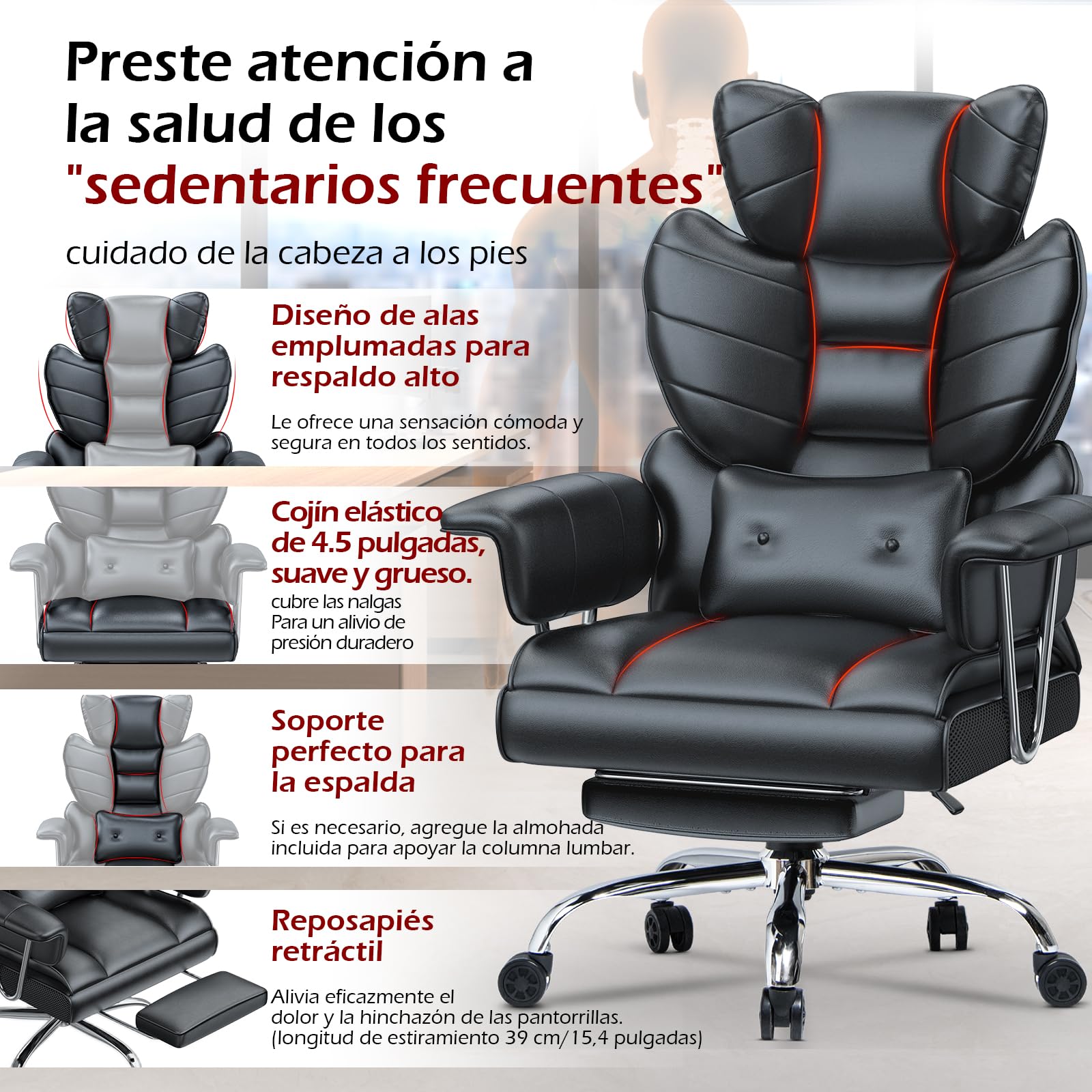 naspaluro Silla de Escritorio con Reposacabezas Reposapiés, Silla de Oficina Ergonómica, Silla de Escritorio Reclinable, Silla Giratoria de Cuero PU con Ruedas y reposacabezas, 150kg Negro