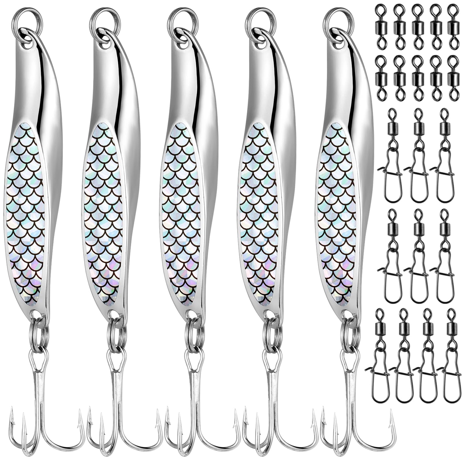 Realure 5 Pcs Metal Sea Fishing Spinners Lures with Trebles Hooks Set Including 20 Pcs/2Types Rolling Swivels and Clips 7cm & 21g Metal Jigs Sequins Fishing Spoon Lures Hard Baits for Sea Bass