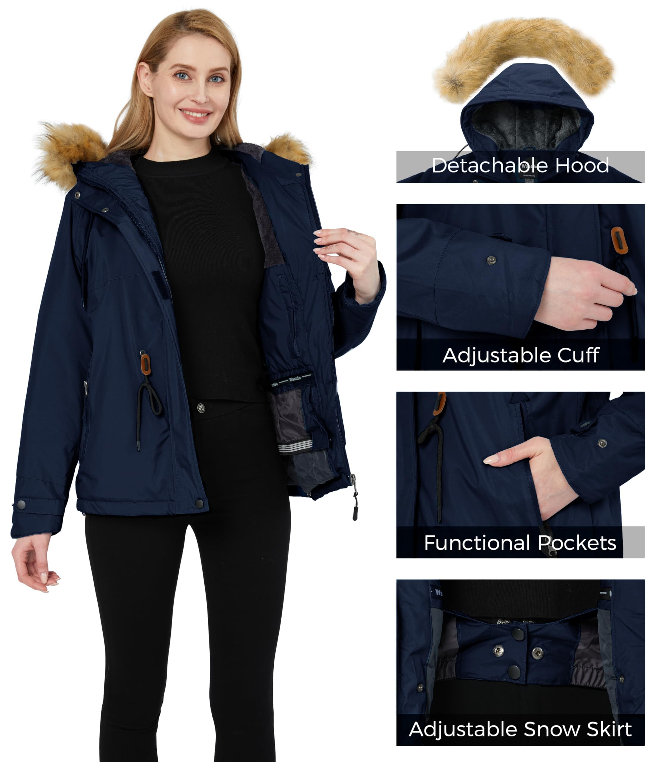 Wantdo Veste de ski imperméable pour femme - Coupe-vent - Manteaux de sport d'extérieur - Veste de snowboard doublée avec capuche en fausse fourrure