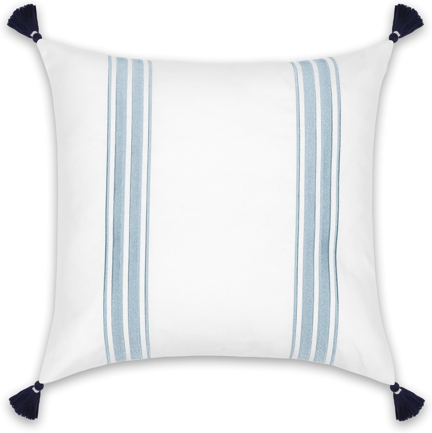 Hofdeco Premium Coastal Patio Indoor Outdoor Throw Pillow Cover Only, 20"x20" Water Repellent for Backyard, Couch, Baby Blue Embroidered Stripes with Tassels