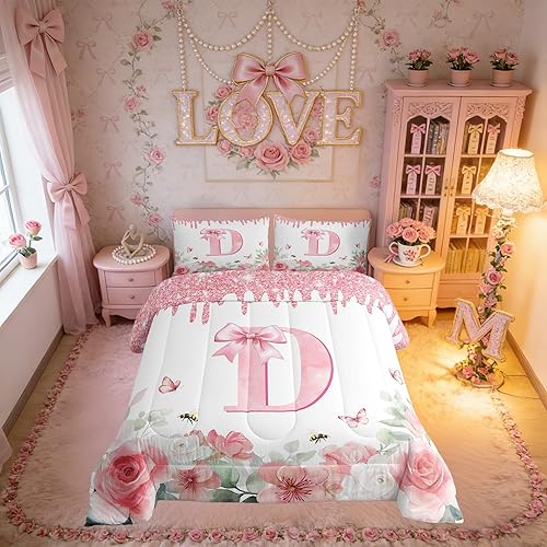 Erosebridal Initial Letter D Girls Bedding Sets King Princess Style Bow Comforte