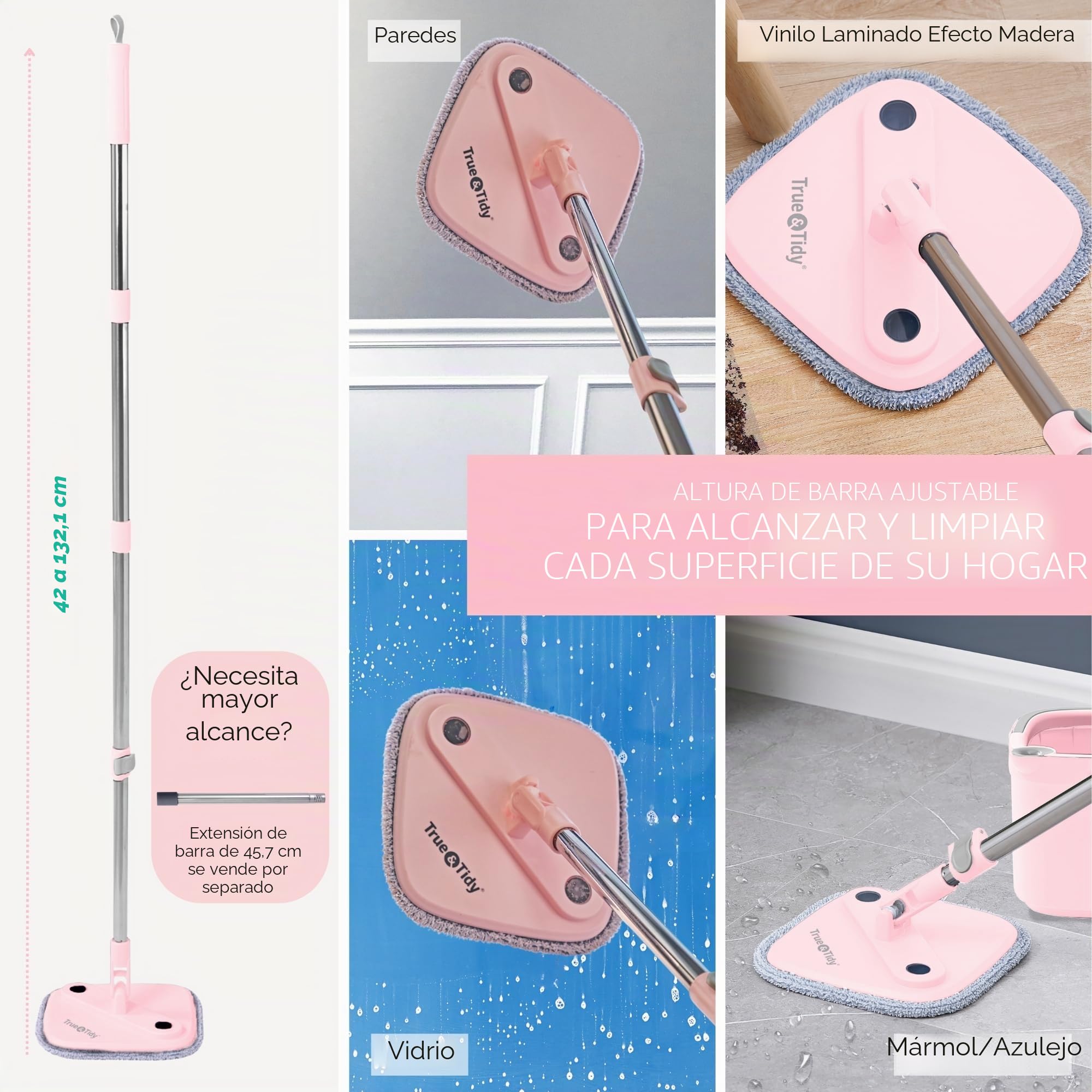 True & Tidy® True Clean - Sistema de fregona y Cubo, Incluye Cubo de fregona de Giro Cuadrado, Cubo de fregona de Doble Compartimento y 2 Almohadillas Gruesas Lavables a máquina, Nuevo Mejorado con