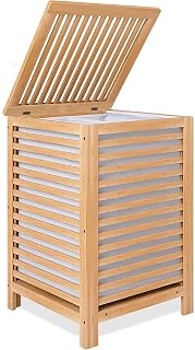 SMIBUY Double Laundry Hamper with Lid, 120L Bamboo Laundry Basket with Removable Liner Bag, 2-Section Clothes Divider Laundry Sorter for Laundry Room, Bathroom, Bedroom (Natural)