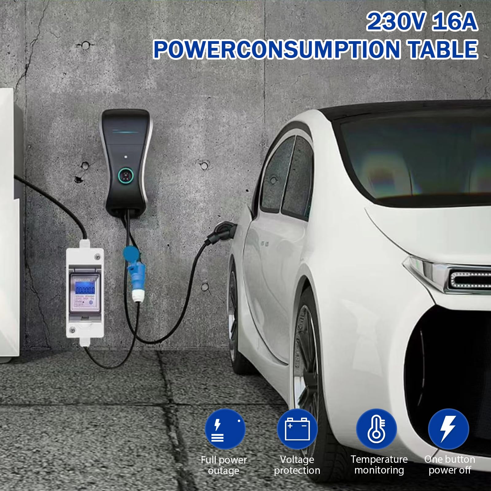 Mobilny cyfrowy licznik prądu 60 A, 230 V, wodoszczelność IP67, z wtyczką CEE i sprzęgłem, miernik KWH 3 x 1,5 mm², kabel gumowy 3 m i funkcja resetowania do samochodów kempingowych, pojazdów