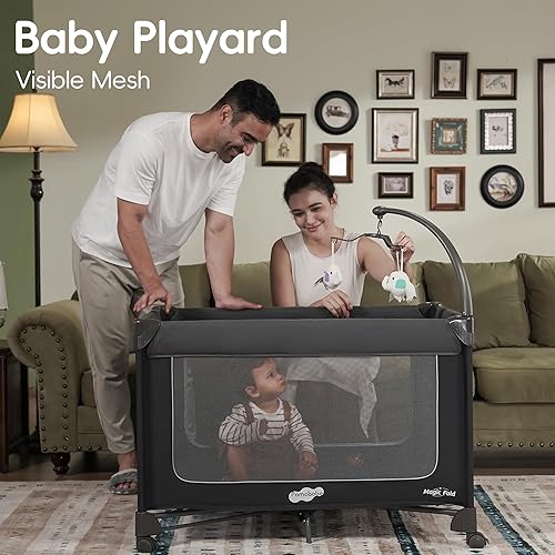 Miniatura 5 de Pamo Babe Magic Fold Pack and Play con moisés, juego de 1 paso, juego de corrales plegables para bebé con cambiador, corralito portátil con puerta