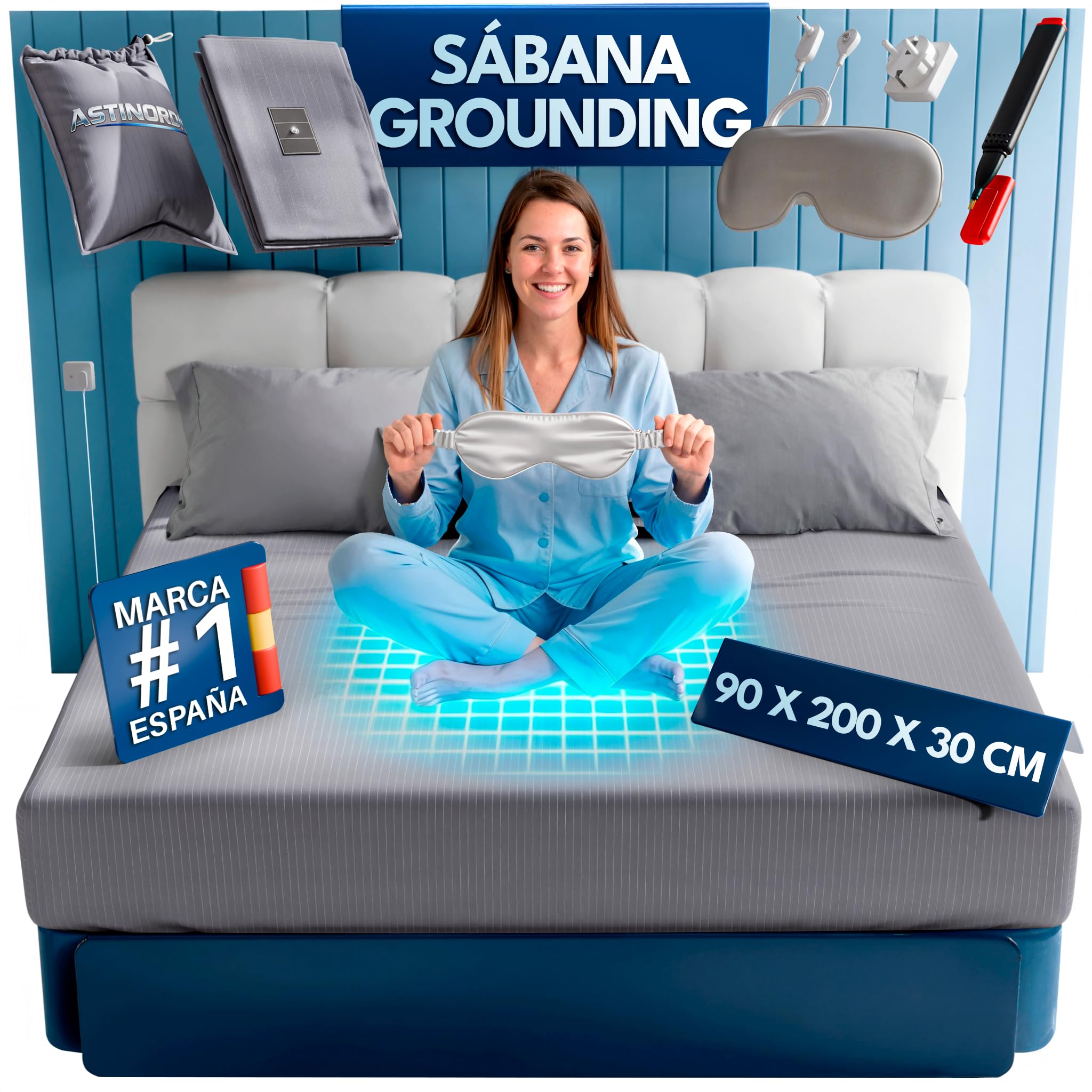 Sabanas Grounding Ajustable 10% Plata 90% Algodon| Sabanas de Conexion a Tierra + Cabezal + Cable + Tester + Antifaz Lino (Gris, Cama Individual (90x200x30))