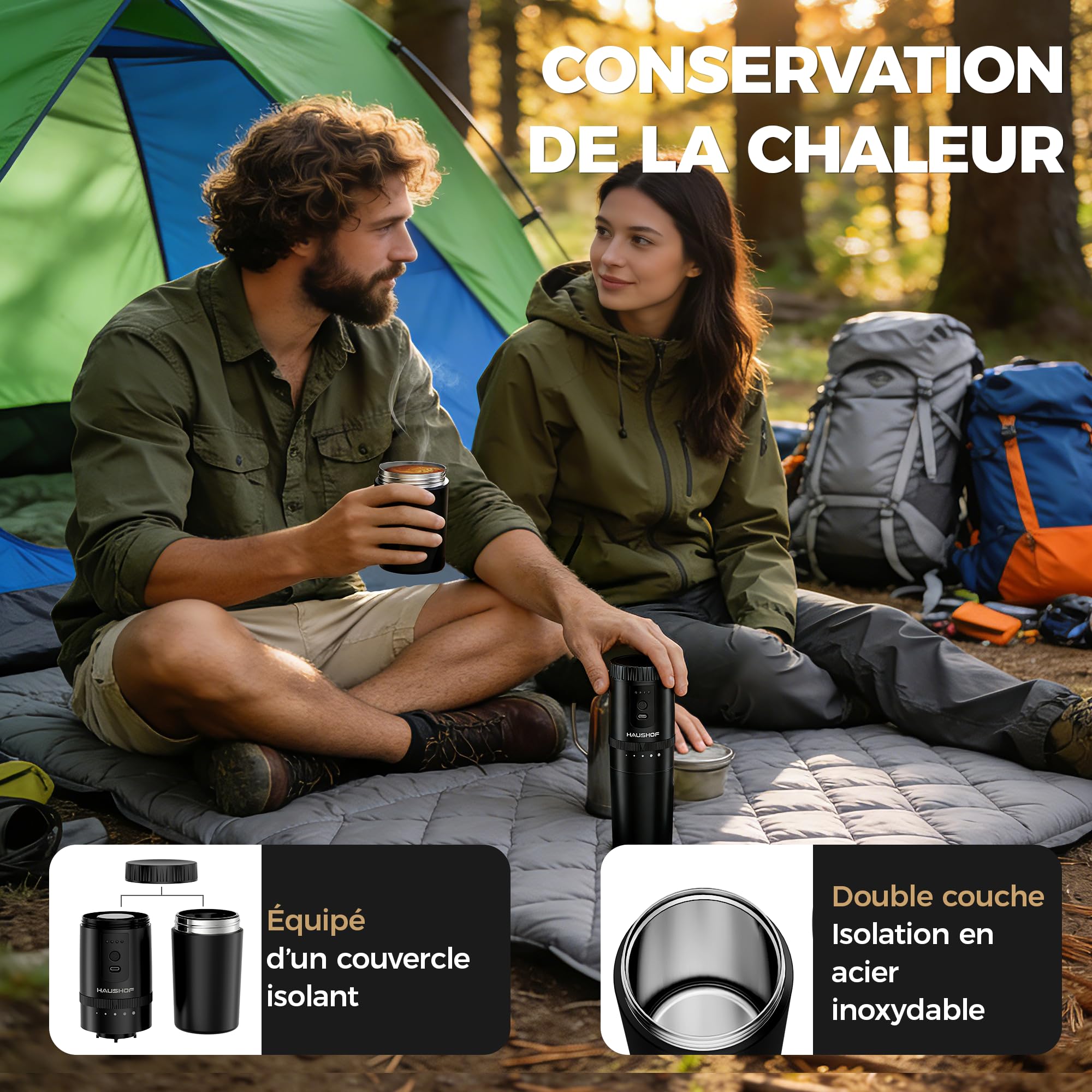 HAUSHOF Machine à Café Portable Tout-en-Un avec Broyeur Intégré, 5 Réglages de Mouture, Rechargeable USB-C, Mug Isotherme 300 ml, Idéale pour Voyage et Camping, Noir