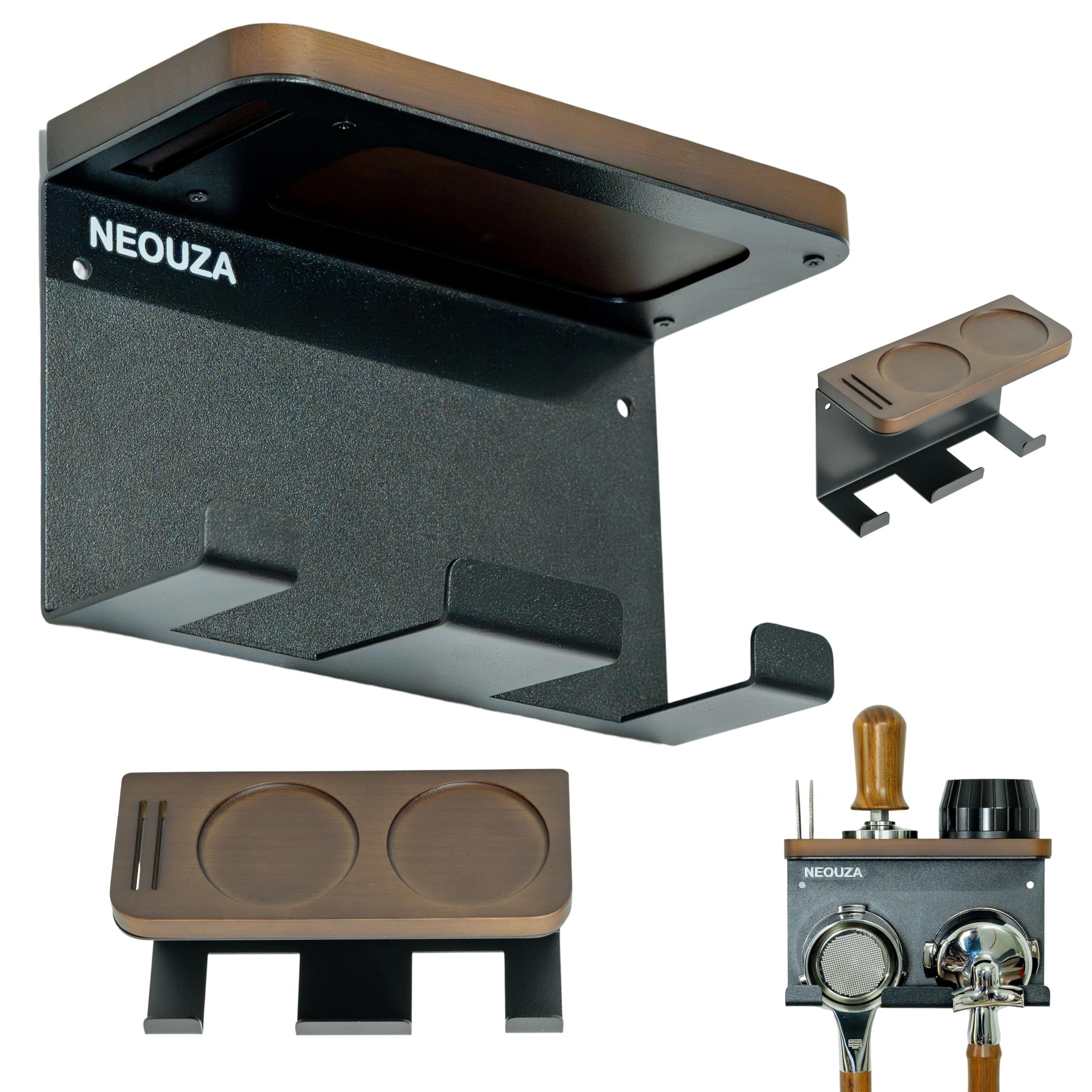 NEOUZA Espresso-Zubehörhalter, Wandmontage, Kaffeeveranstalter, Verteiler, Portafilter, Scheibe, Ablagefach für Haus, Bar, Büro, Bambus und Edelstahl