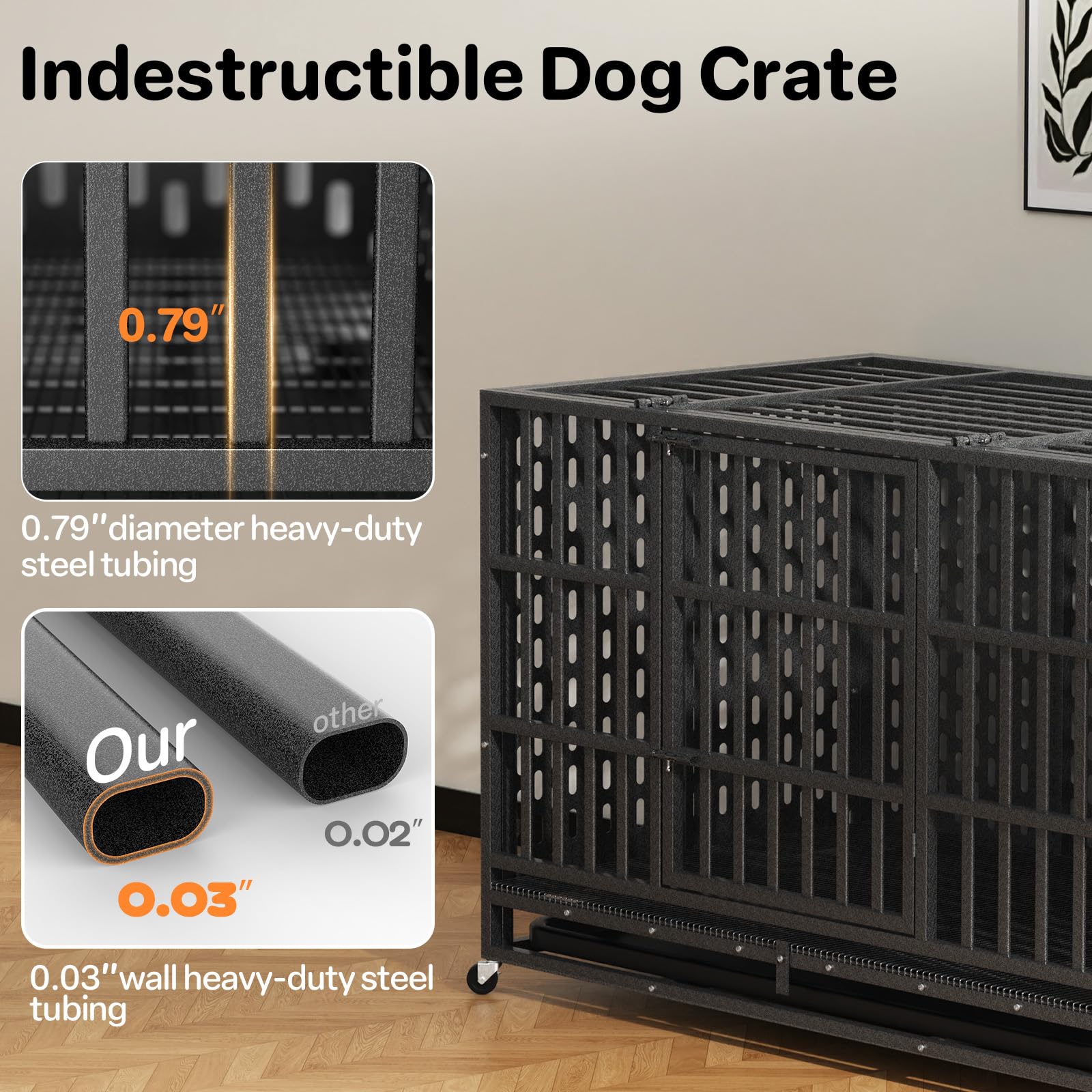 HIWOKK 48 Inch Heavy Duty Indestructible Dog Crate Steel Escape Proof, Indoor Double Door High Anxiety Cage, Kennel with Wheels, Removable Tray, Extra Large XL XXL - image 3