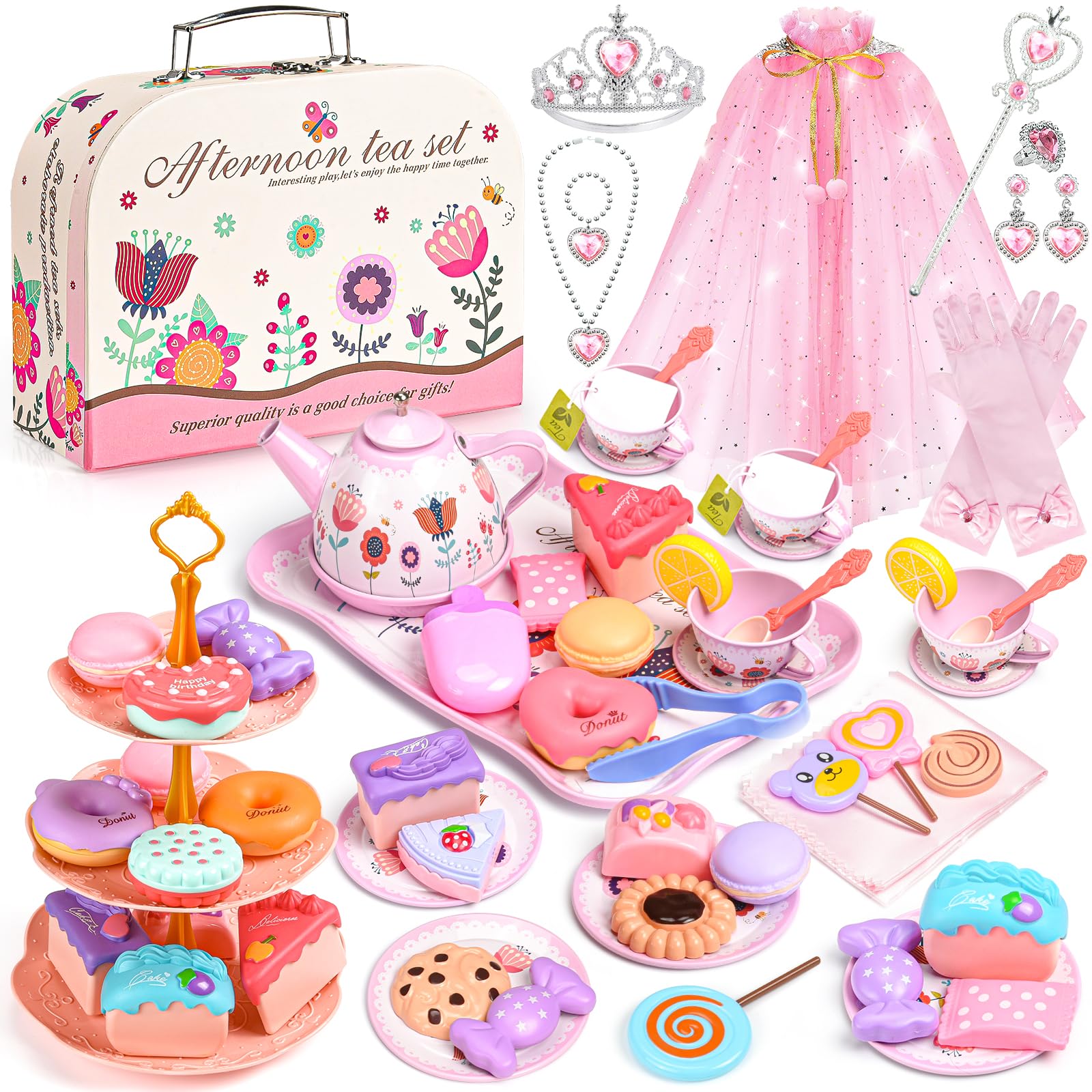Tea Party Set for Little Girls, 63PCS Pretend Play Toys &amp; Princess Dress Up