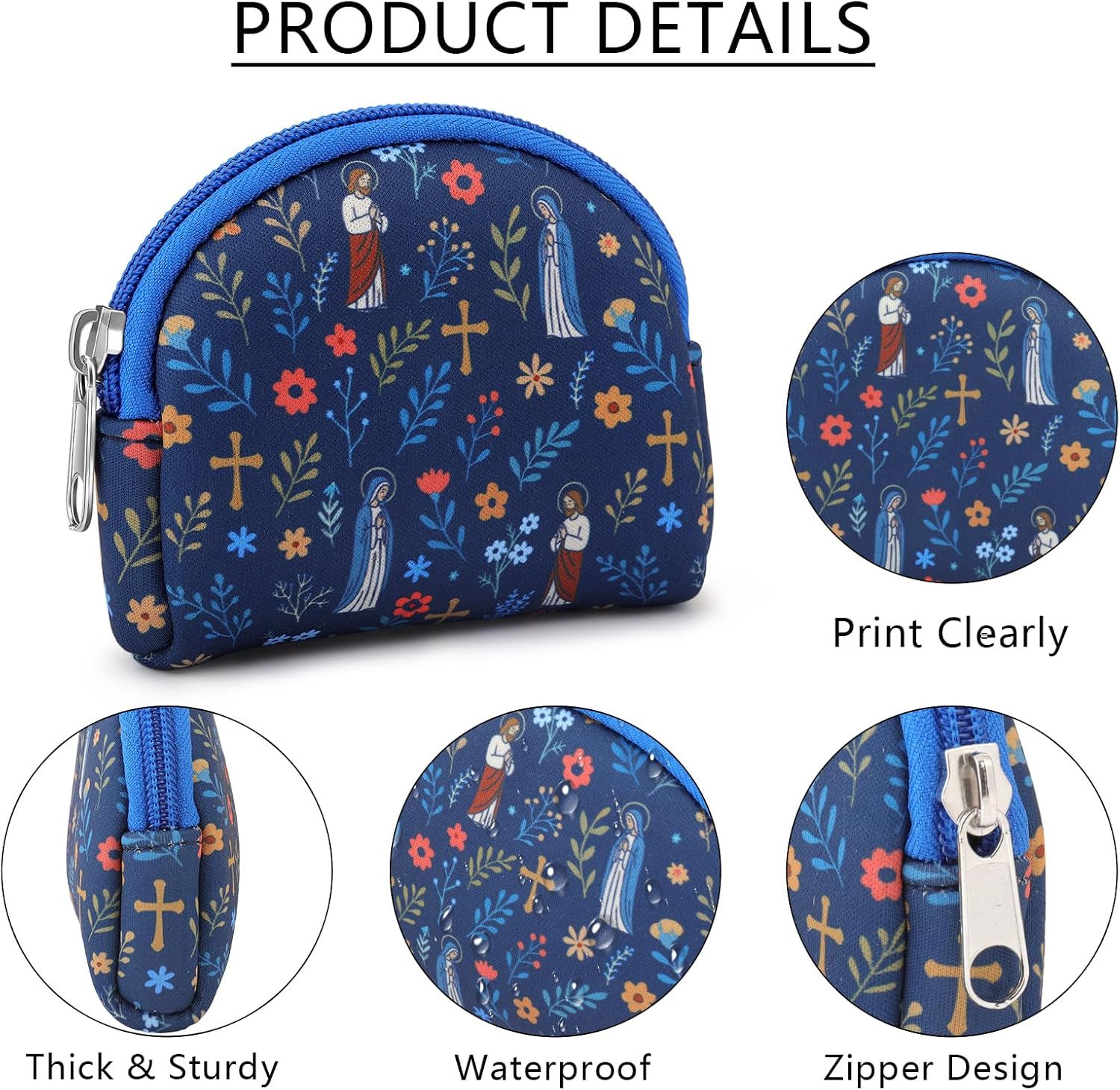Rosary Pouch for Women Men, Zippered Rosary Case Holder Bag with Cross Floral Print