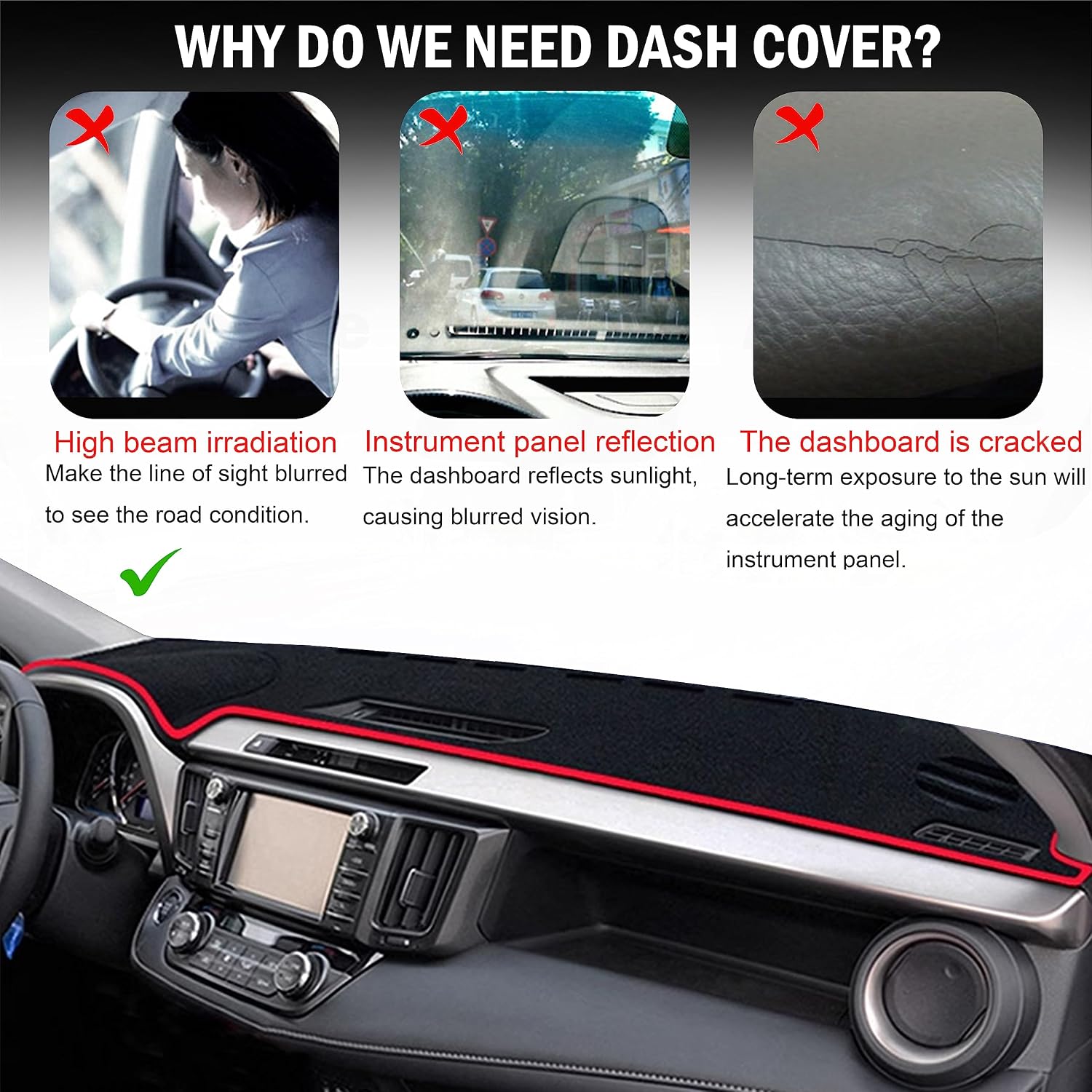 for Toyota Rav4 2013 2014 2015 2016 2017 2018 Dashboard Cover Center Console Cover Dash Mat Carpet Protector Sunshield Cover Custom Fit, Red Trim