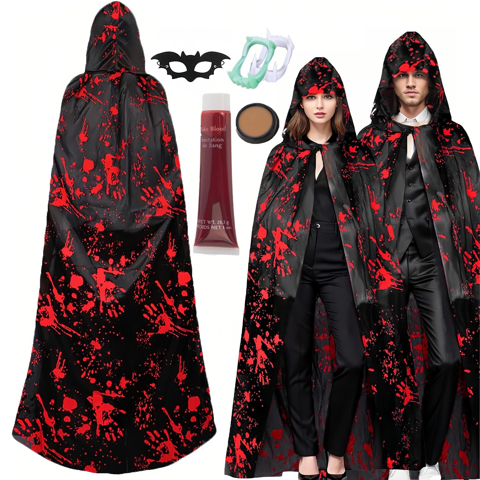 duoleey Cloak Halloween Costumes for Women Men Kids Adults Cloak with Red Handprint Pattern Bat Mask, Fake Blood, Scar Wax, Vampire Teeth Costume for Halloween Fancy Dress (L)