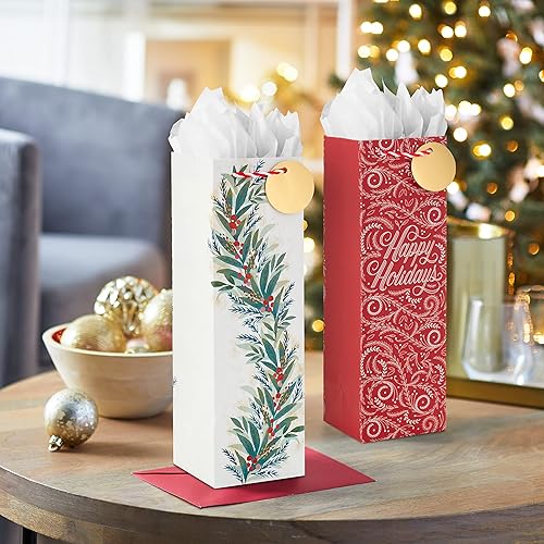 Miniatura 2 de Hallmark Bolsas de regalo de botella de vino de Navidad con asas y etiquetas de regalo (4 bolsas Navidad roja, guirnalda verde y blanca) para