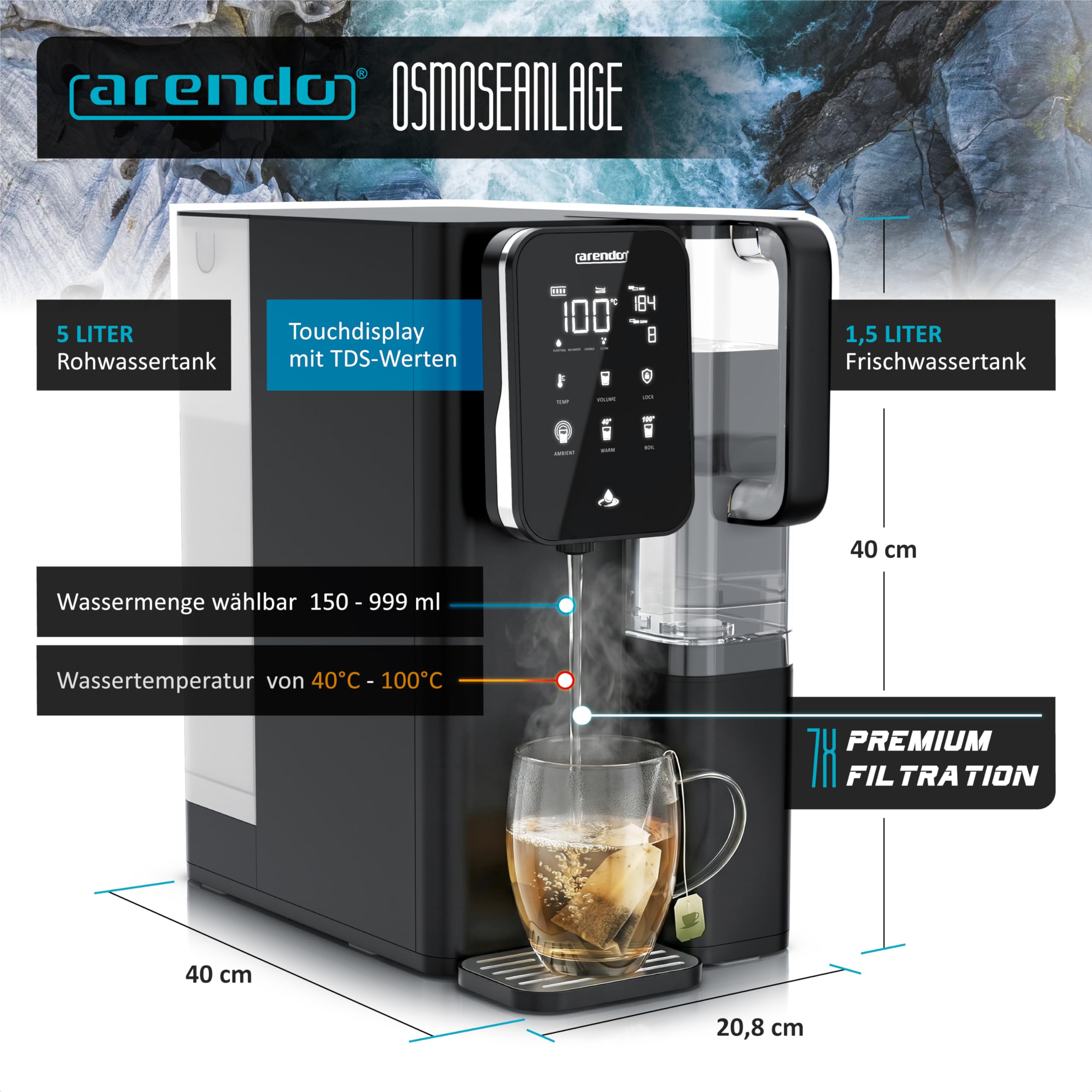 Arendo - Premium Osmoseanlage - 99,99% reines Trinkwasser - 7 stufiges Filtersystem (5+2) – Umkehrosmose/Wasserfilter – keine Installation - Auftisch Gerät – Heißwasserspender 40°C - 100°C – TDS - 3