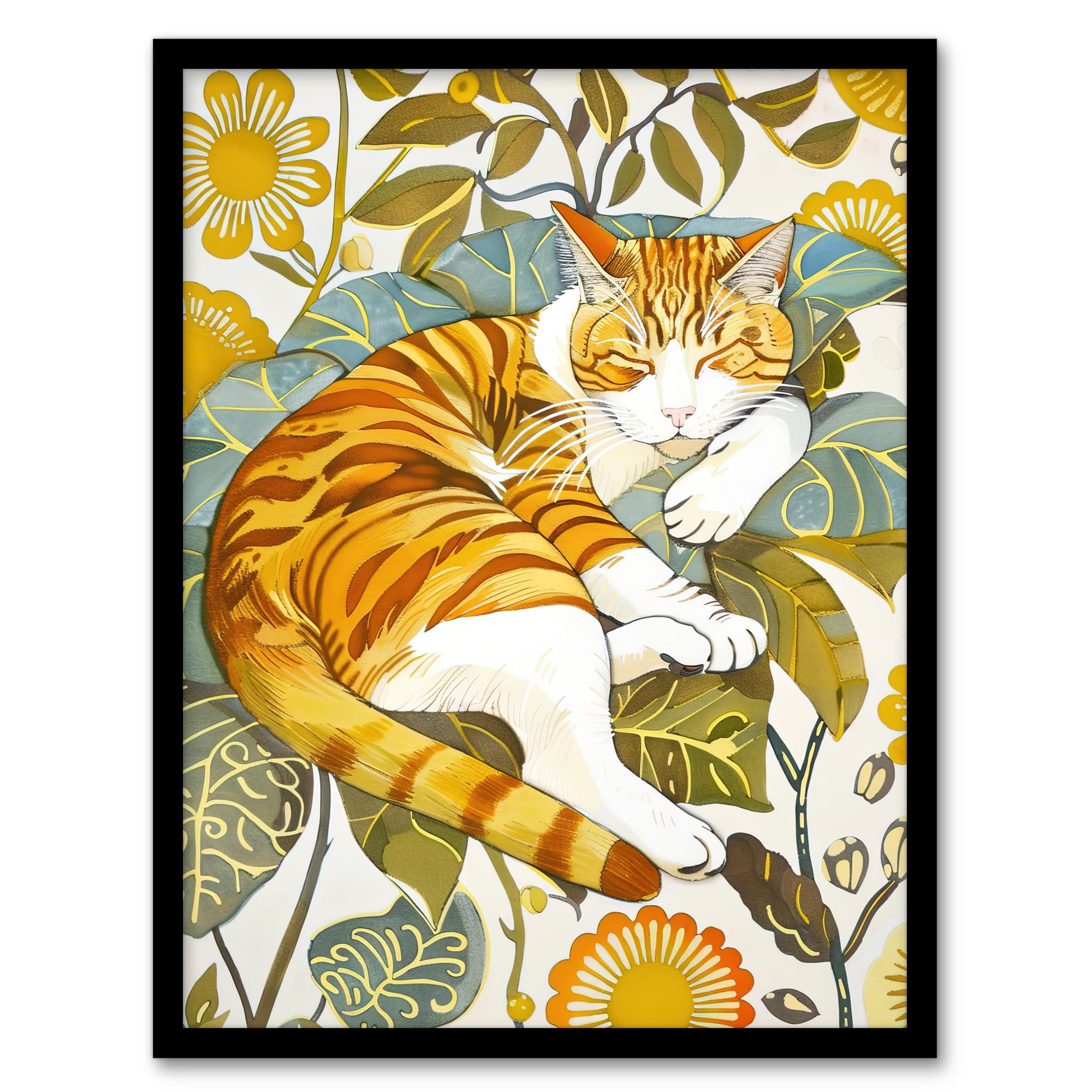 Artery8 Sleeping Orange Tabby Cat Lover Bright Floral Living Room Artwork Framed Wall Art Print 18X24 Inch