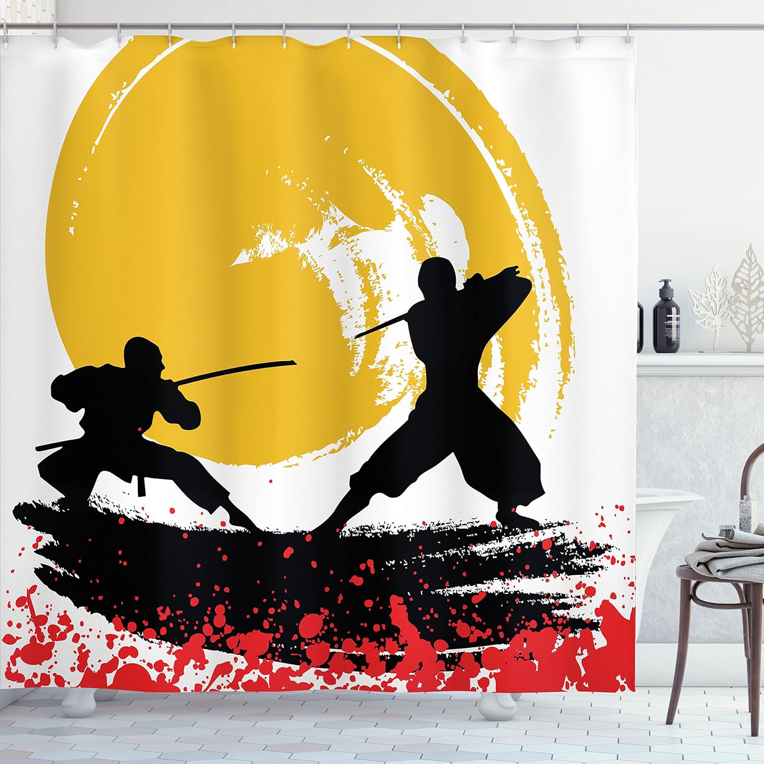 Ambesonne Japanese Shower Curtain, Watercolor Style Silhouette Ninjas in The Moonlight Medieval, Cloth Fabric Bathroom Decor Set with Hooks, 69" W x 84" L, Vermilion Mustard