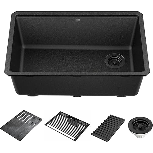DELTA FAUCET DELTA Everest 30-inch Granite Composite Workstation Kitchen Sink Undermount Single Bowl with WorkFlow Ledge and Accessories in Metallic Black, 75B933-30S-BL