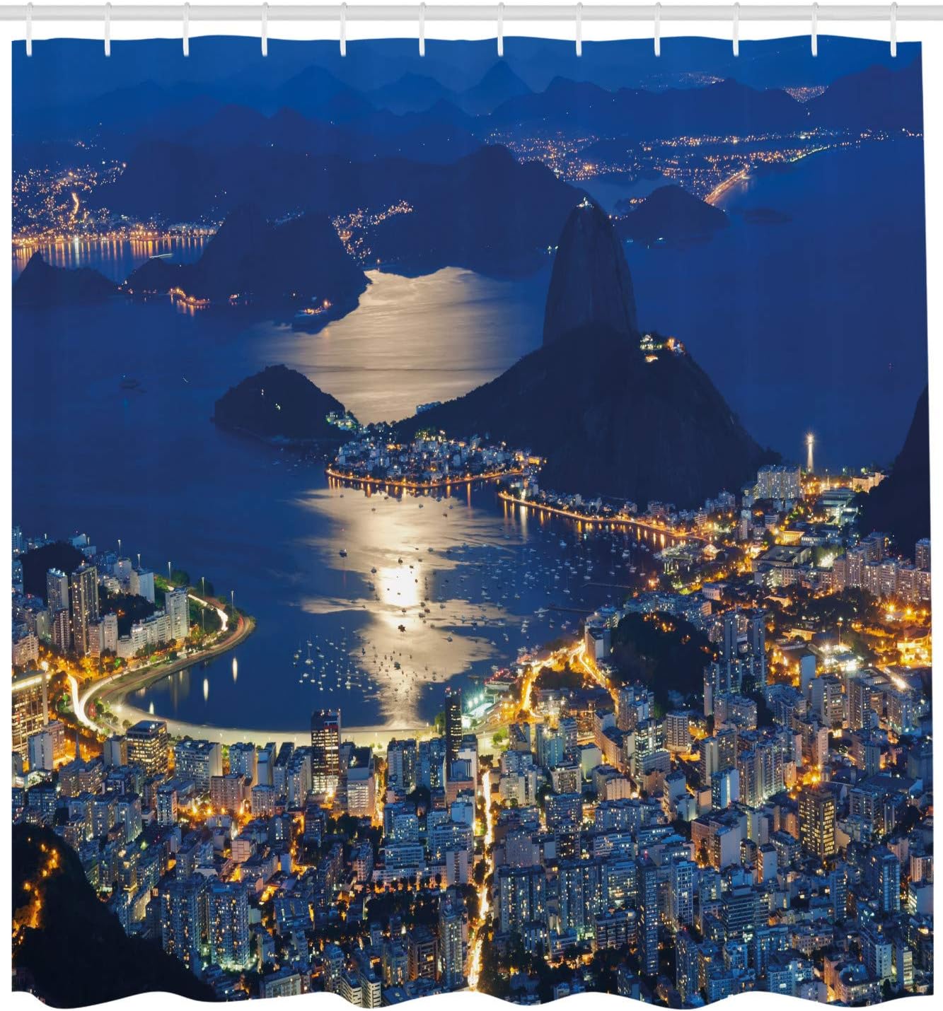 Ambesonne Night Shower Curtain, Aerial View of Mountain Sugar Loaf and Botafogo Rio de Janeiro, Cloth Fabric Bathroom Decor Set with Hooks, 69" W x 70" L, Violet Blue Pale Grey