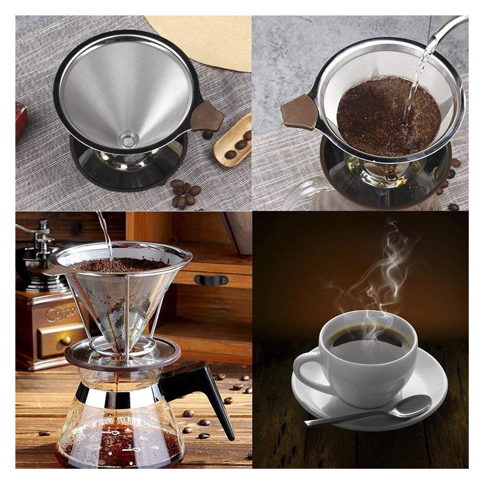 INEOUT Filtro De Café Reutilizable De Acero Inoxidable De Doble Capa con Cestas De Café con Goteo For Portavasos