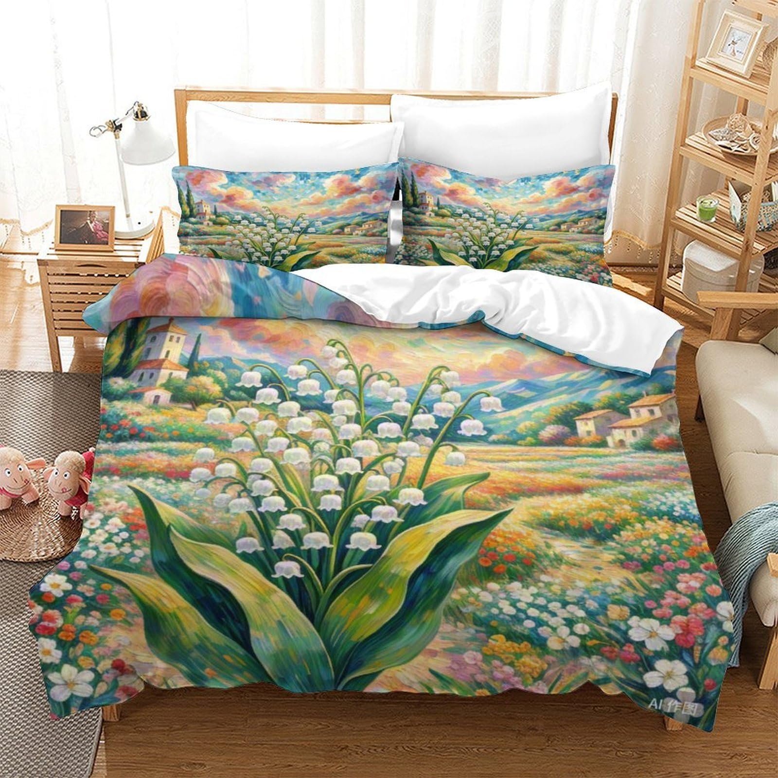 Housse de couette 3D Lily de la vallée drap microfibre douce 260x220
